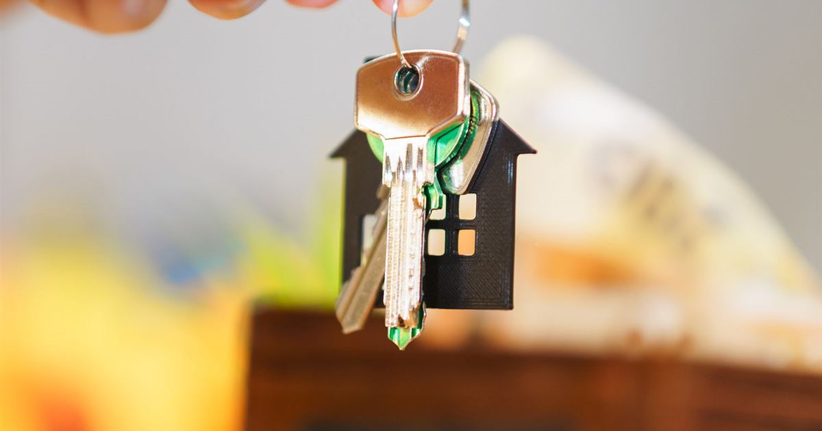 Close-up of a set of keys on a black house-shaped key ring, held up against a blurred room