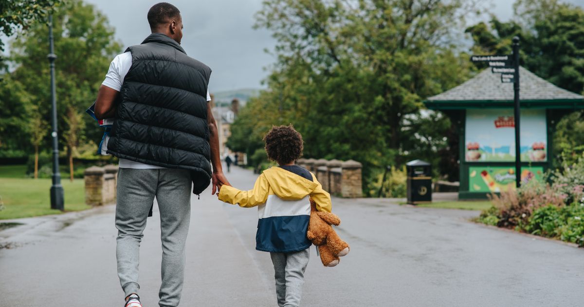 A father and young son walking hand in hand along a city road, seen from behind