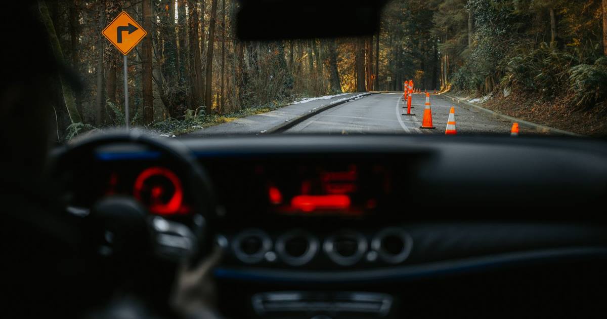 View through a car windscreen of a forest road lined with orange traffic cones